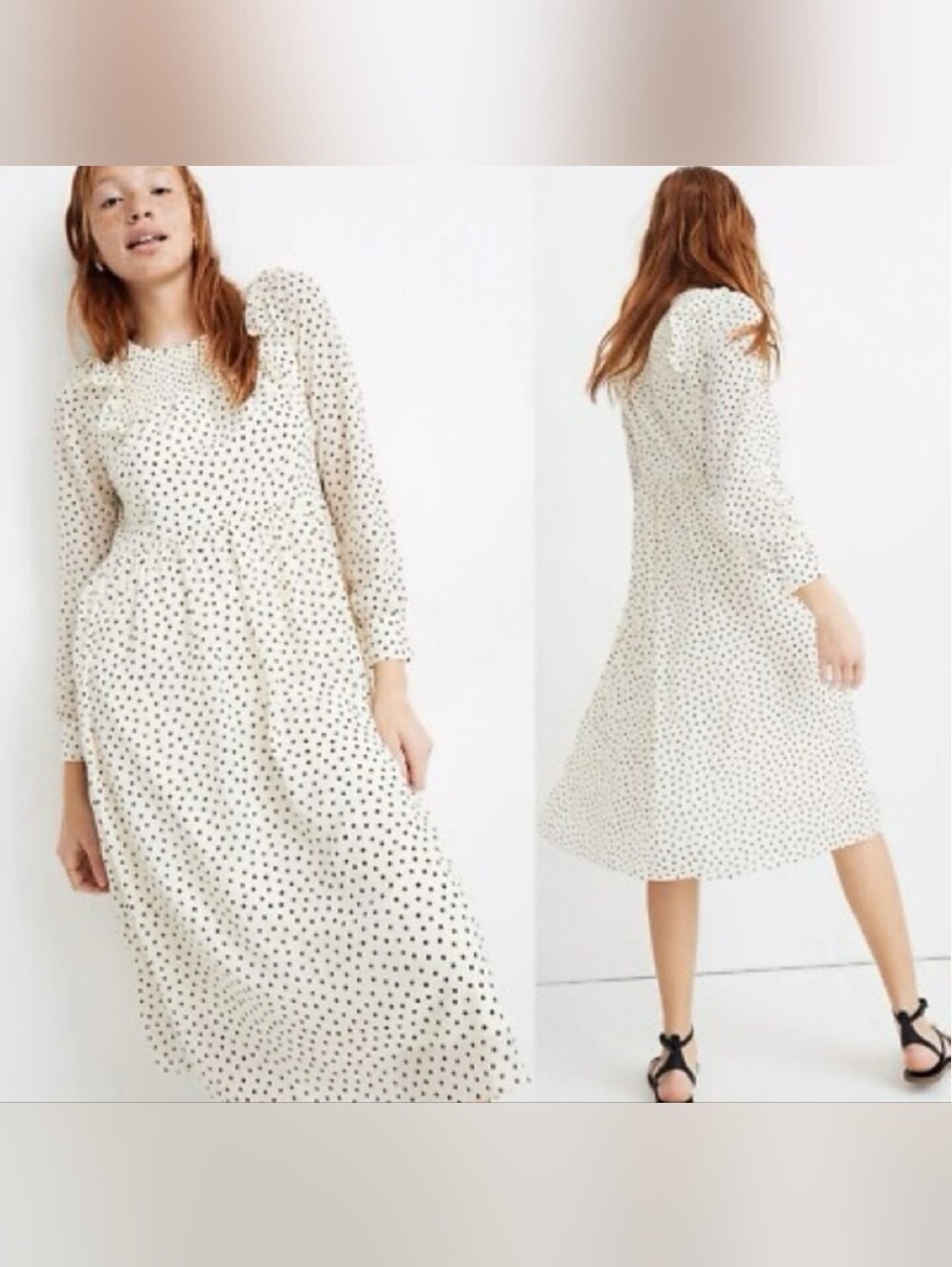 Madewell Smocked Ruffle-Shoulder Midi Dress In Inkbrush Dots Size S